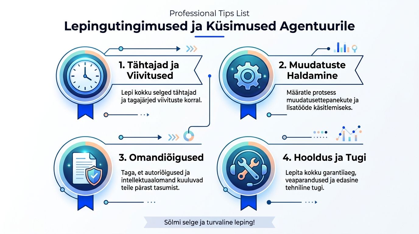 Infograafik esitab neli olulist punkti, mida silmas pidada kodulehe tellimisel ja agentuuriga lepingu sõlmimisel.