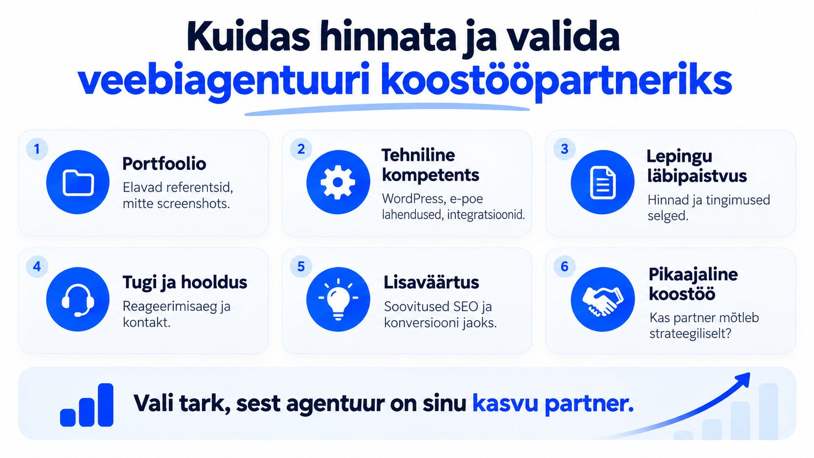 Juhend kuue sammuga, kuidas valida ja hinnata veebiagentuuri kui strateegilist koostööpartnerit ettevõtte digitaalseks kasvuks.