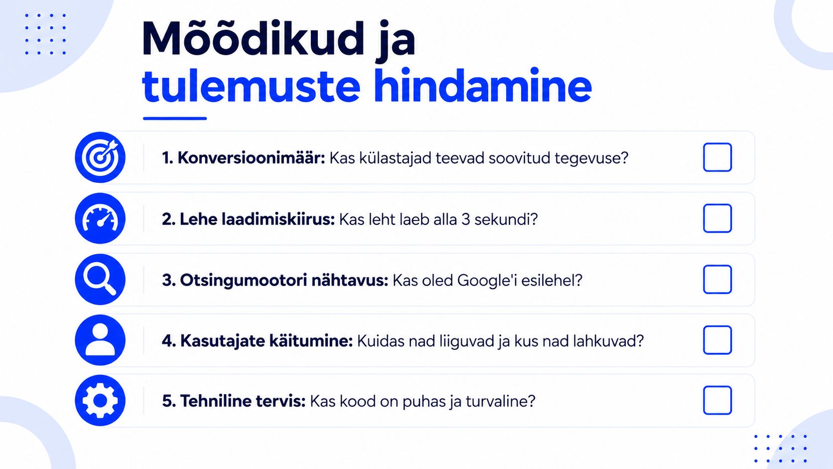 Infograafik esitab viis olulist mõõdikut ja küsimust veebilehe tulemuslikkuse hindamiseks ja optimeerimiseks.