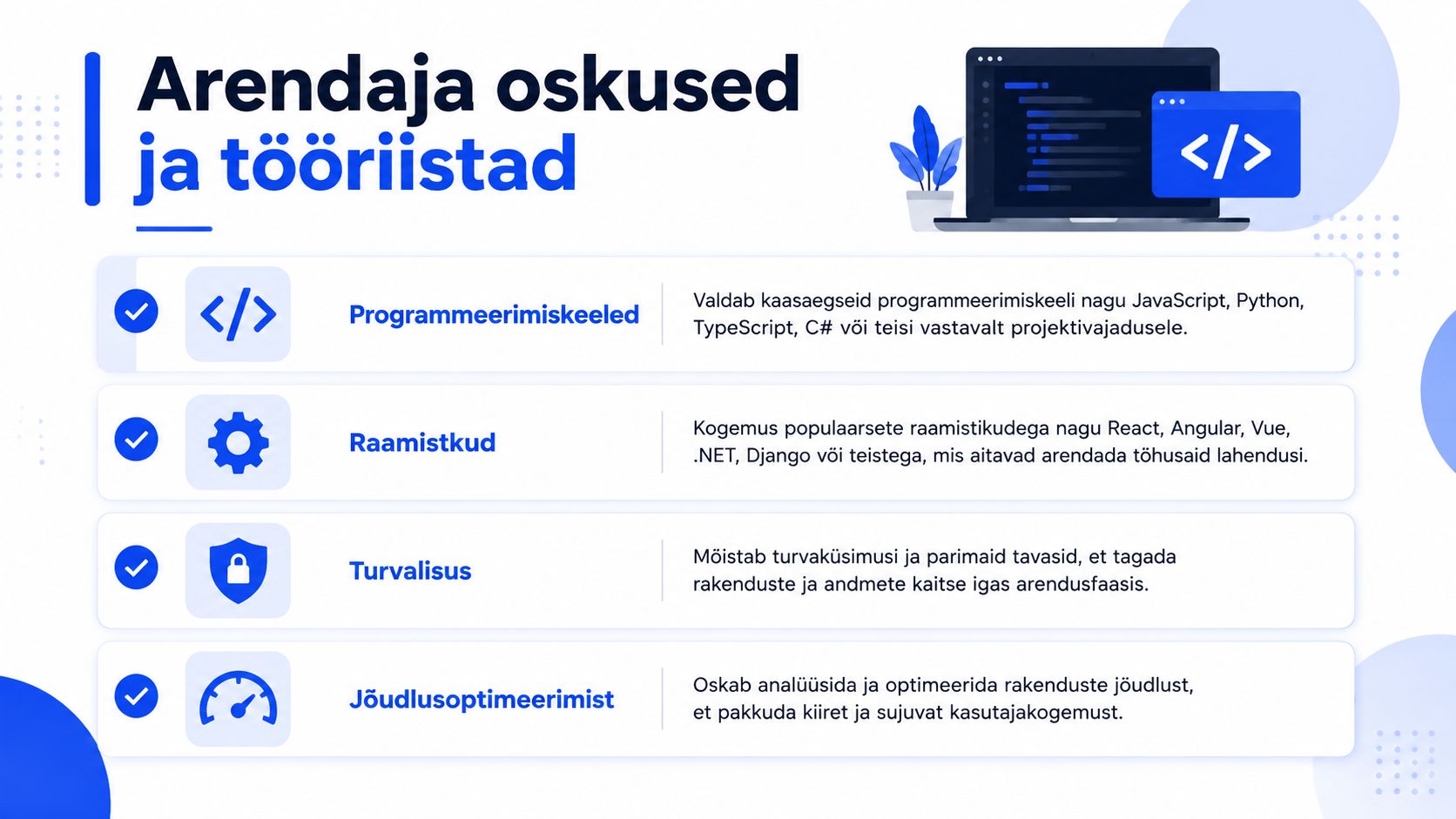 Graafiline ülevaade veebiarendaja olulistest oskustest, programmeerimiskeeltest, raamistikest, turvalisusest ja jõudlusest ning nende tähtsusest arendustöös.
