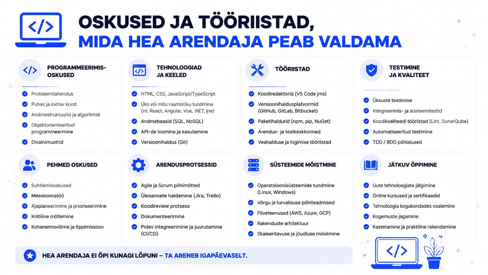 Graafiline ülevaade oskustest ja tööriistadest, mida iga professionaalne tarkvaraarendaja peaks oma töös valdama ja rakendama.