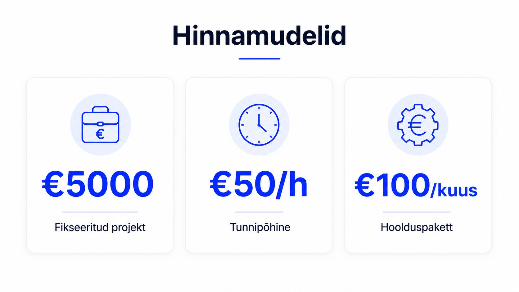 Hinnamudelid veebiarendusteenustele, mis on jaotatud fikseeritud projekti, tunnipõhise tasu ja igakuise hoolduspaketi vahel.
