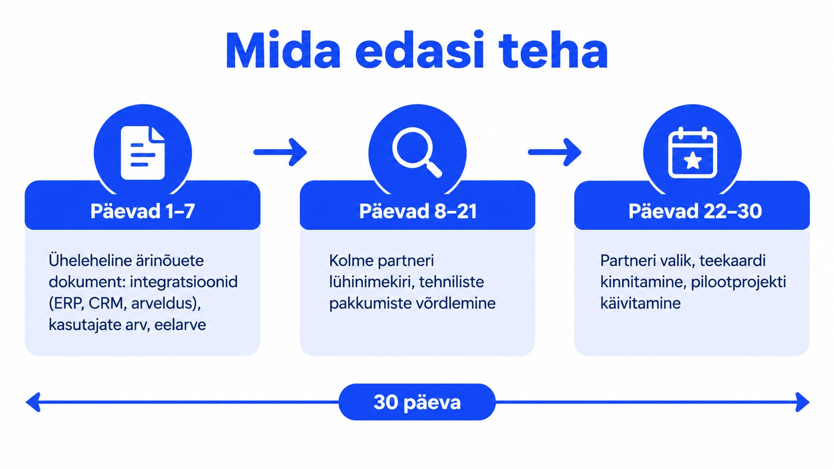 Graafiline ajakava kolmekümne päeva plaaniga ärinõuete koostamiseks, partnerite valimiseks ja pilootprojekti käivitamiseks.