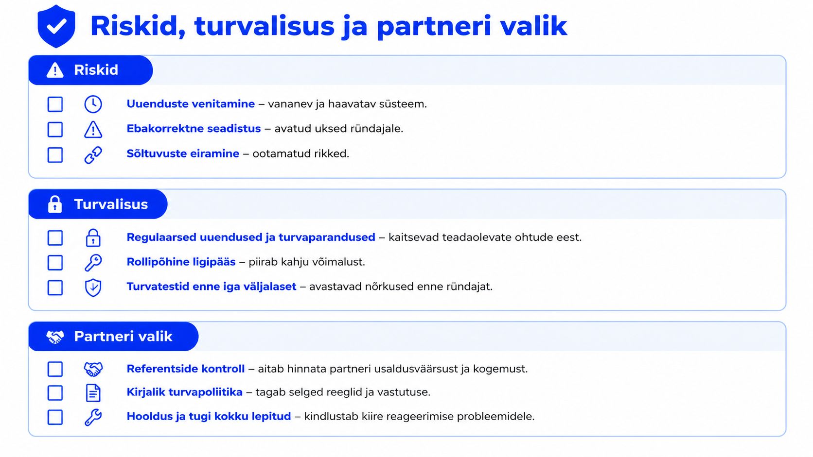 Skeem, mis selgitab riske, turvameetmeid ja partneri valiku olulisi aspekte tarkvara arendusprojektide ohutuse tagamisel.