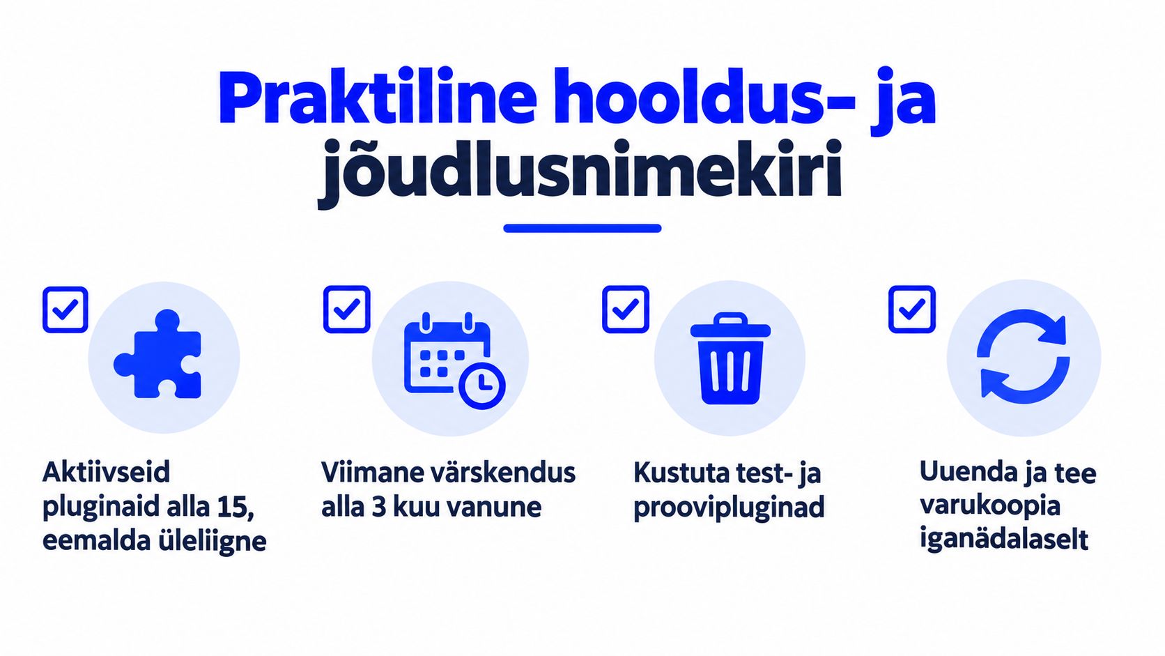 Praktiline hooldus- ja jõudlusnimekiri WordPressi veebisaitide optimeerimiseks ja korrashoiuks parimate tavade abil.