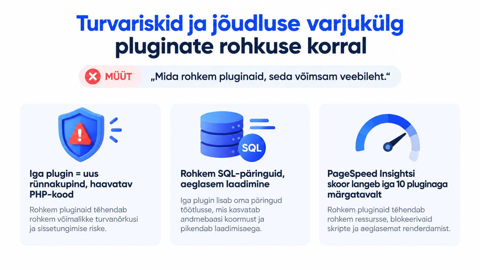 Infograafik, mis selgitab turvariske ja jõudluse probleeme, mis kaasnevad liiga paljude WordPressi pluginate kasutamisega veebilehel.