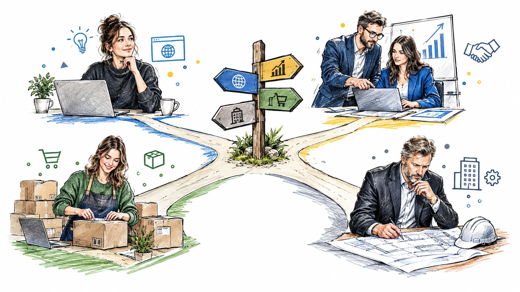 Illustratsioon näitab ärilisi ja loomingulisi tööprotsesse, mis viivad erinevate digitaalsete ning füüsiliste ärimudelite valikuteni.